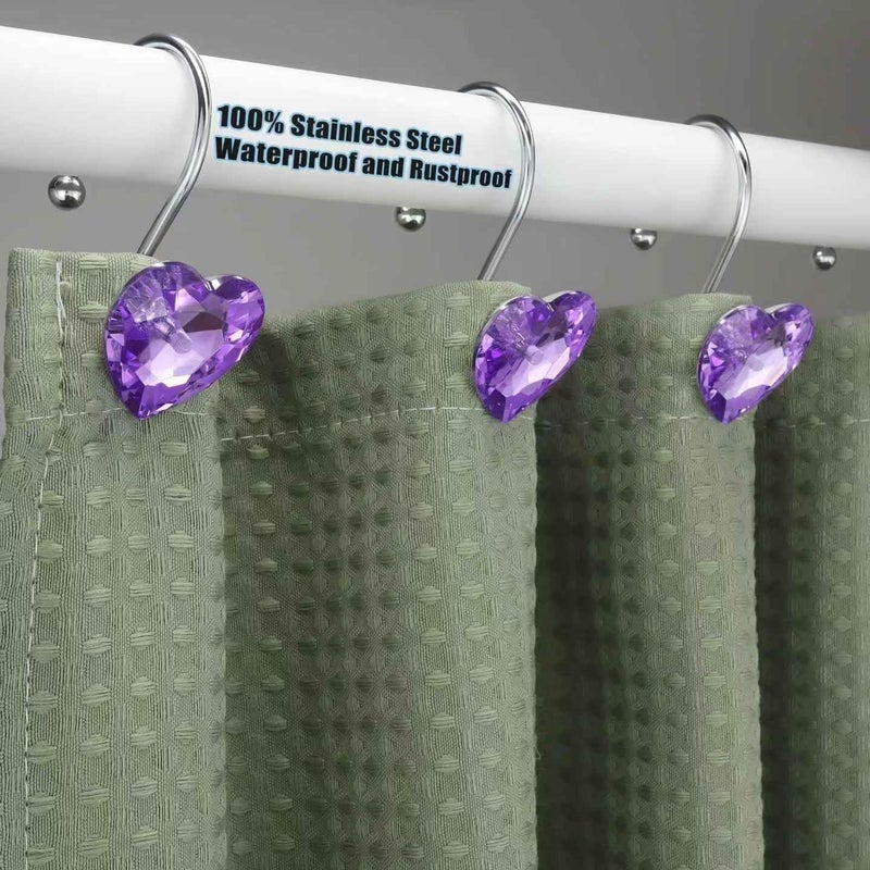 Yapicoco Shower Curtain Hooks Rings for Bathroom, 12PCS Heart Stainless Steel Rust Resistant Decorative Rhinestones Shower Curtain Rings Hangers for Shower Curtains (Single Hook Purple) - Image 4
